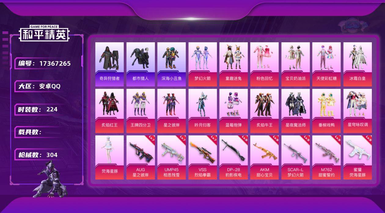 和平精英账号安卓QQ[17367265]安卓 手Q-16粉装-12特效枪-0载具-5粉色飞行器-104804热力值-14王牌印记-224套装-304枪皮
【热门品类】：粉装-梦幻火箭，粉装-童趣迷兔，套装-浪漫天命，套装