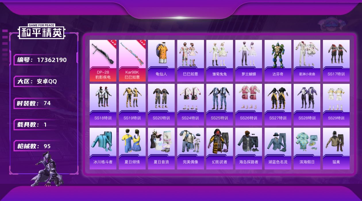 和平精英账号安卓QQ[17362190]【特价出售/店主推荐】安卓 手Q-1粉装-4特效枪-1载具-0粉色飞行器-27642热力值-1王牌印记-74套装-95枪皮
【热门品类】：套装-龟仙人
【粉色套装】：角色-辉云木星