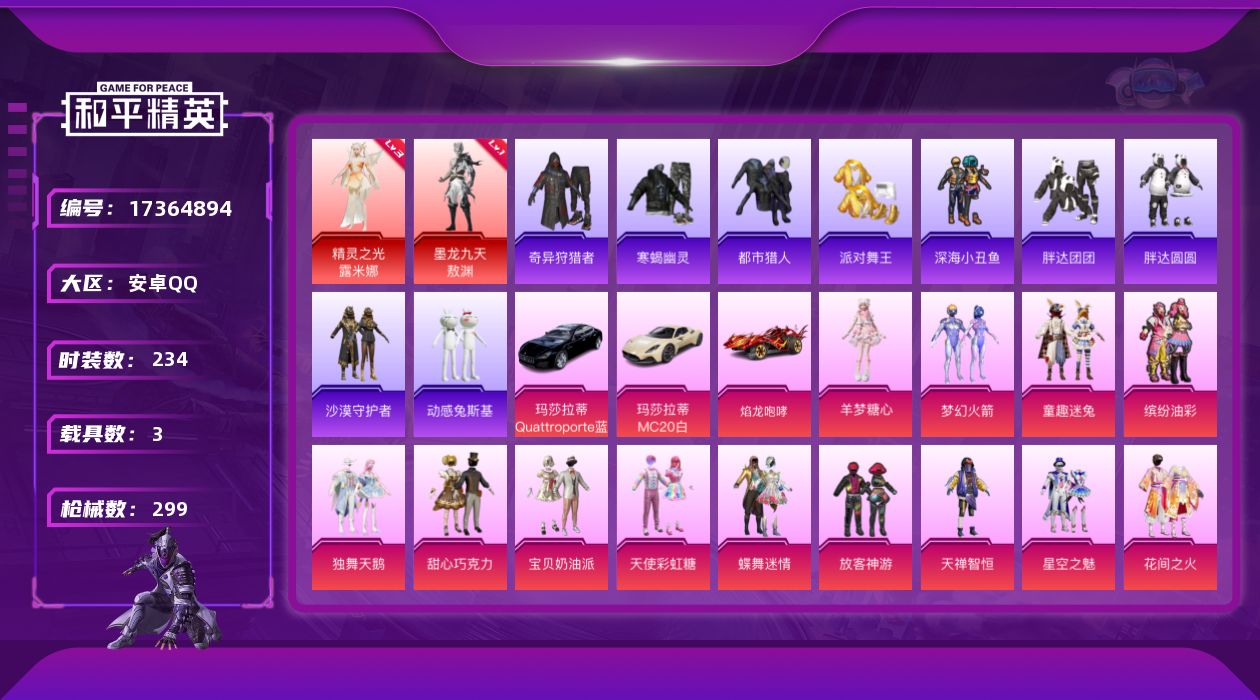 和平精英账号安卓QQ[17364894]安卓 手Q-2神装-38粉装-18特效枪-3载具-11粉色飞行器-122737热力值-18王牌印记-234套装-299枪皮
【红色神装等级】：精灵之光-露米娜(三级)，墨龙九天-敖