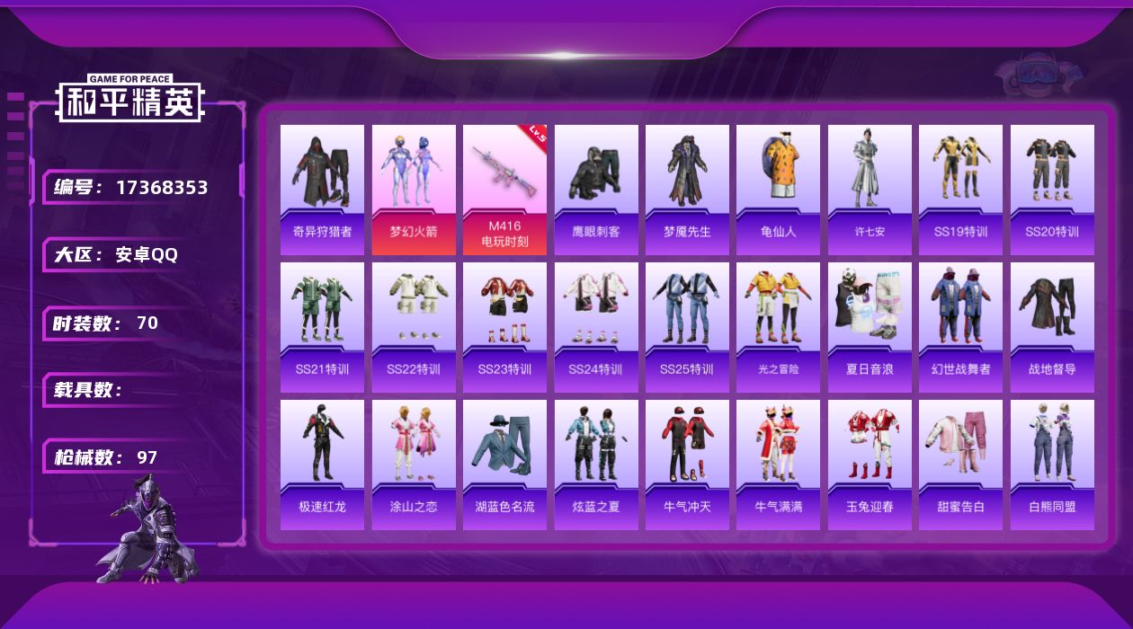 和平精英账号安卓QQ[17368353]安卓 手Q-2粉装-5特效枪-0载具-0粉色飞行器-26637热力值-3王牌印记-70套装-97枪皮
【热门品类】：粉装-梦幻火箭，套装-奇异狩猎者，套装-龟仙人
【粉色套装】：粉