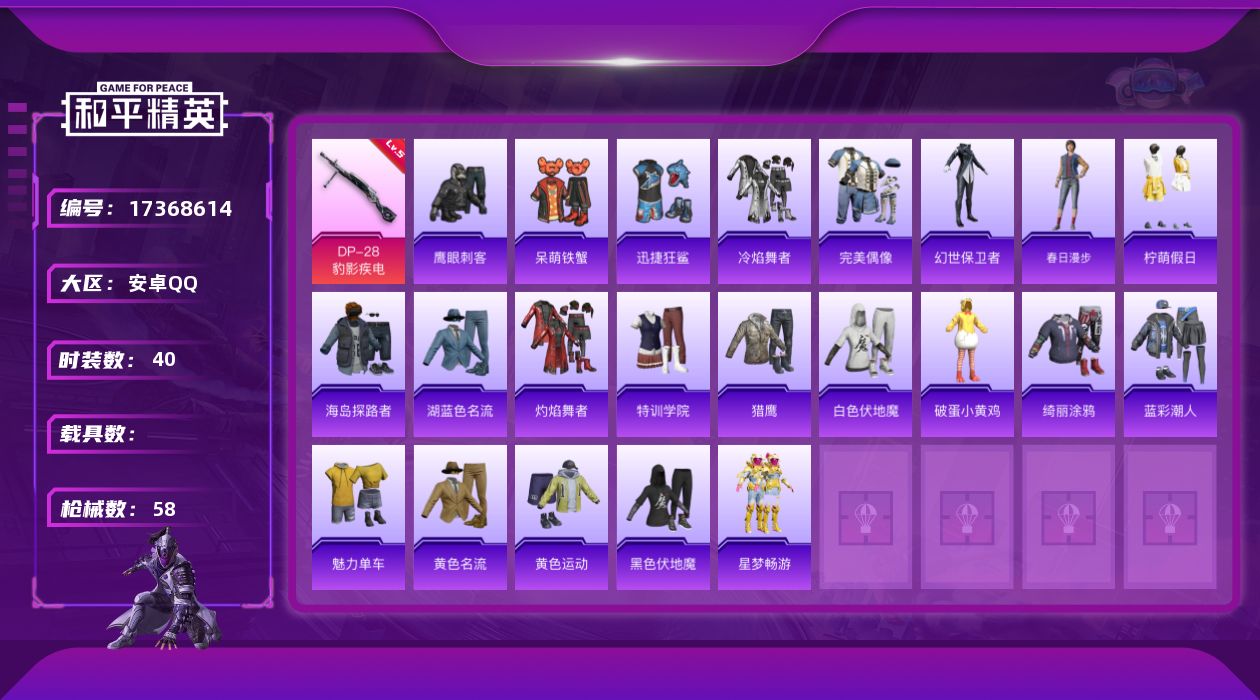 和平精英账号安卓QQ[17368614]安卓 手Q-0粉装-7特效枪-0载具-2粉色飞行器-14845热力值-3王牌印记-40套装-58枪皮
【粉色枪皮等级】：ACE32-萌骑漫游(一级)，UMP45-萌骑冒险(二级)，