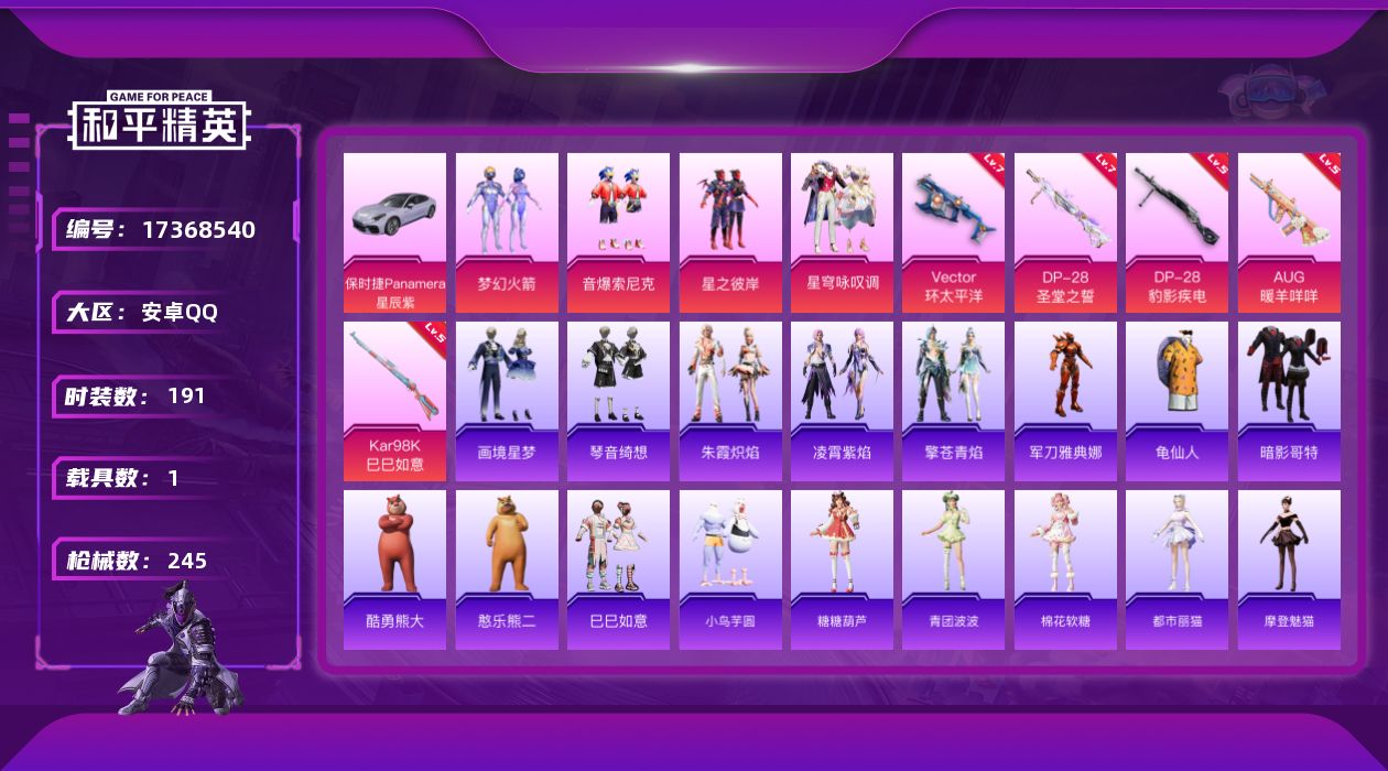 和平精英账号安卓QQ[17368540]安卓 手Q-4粉装-6特效枪-1载具-1粉色飞行器-72191热力值-16王牌印记-191套装-245枪皮
【热门品类】：粉装-梦幻火箭，粉装-音爆索尼克，角色-军刀雅典娜，套装-