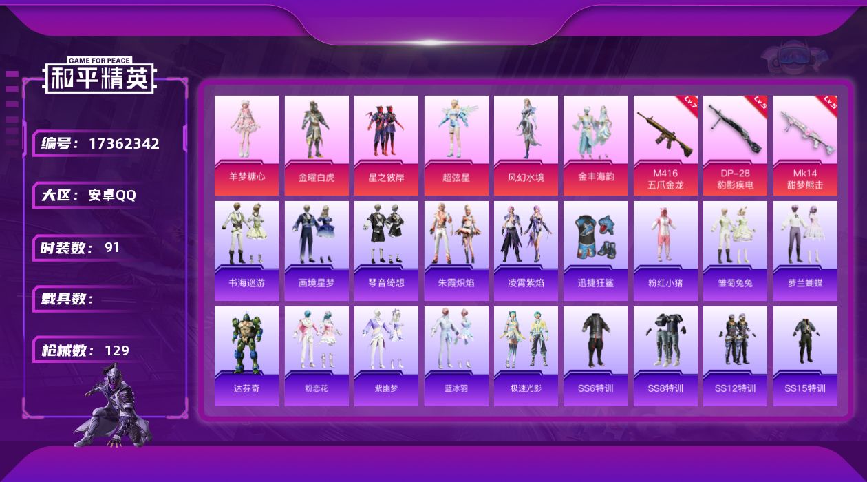 和平精英账号安卓QQ[17362342]【特价出售/店主推荐】安卓 手Q-6粉装-6特效枪-0载具-2粉色飞行器-39570热力值-2王牌印记-91套装-129枪皮
【热门品类】：套装-粉红小猪
【粉色套装】：粉装-金曜