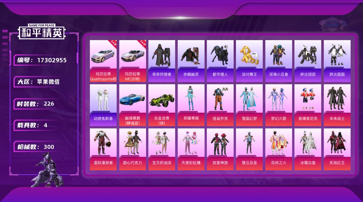 和平精英账号苹果微信[17302955]苹果 微信-无敌战神框-29粉装-26特效枪-4载具-12粉色飞行器-134720热力值-19王牌印记-226套装-300枪皮
【红色载具】：玛莎拉蒂MC20（幻星粉）(二级)，玛
