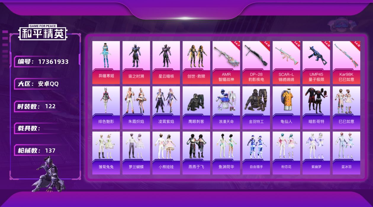和平精英账号安卓QQ[17361933]【特价出售/店主推荐】安卓 手Q-4粉装-6特效枪-0载具-1粉色飞行器-41001热力值-6王牌印记-122套装-137枪皮【热门品类】：套装-浪漫天命，套装-金羽特工，套装-龟