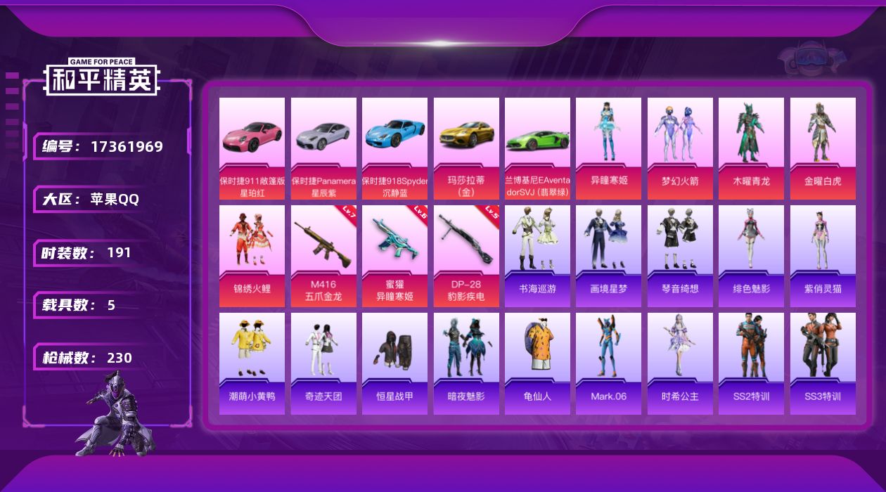 和平精英账号苹果QQ[17361969]【特价出售/店主推荐】苹果 手Q-5粉装-5特效枪-5载具-2粉色飞行器-79055热力值-15王牌印记-191套装-230枪皮
【热门品类】：粉装-梦幻火箭，套装-龟仙人，套装-