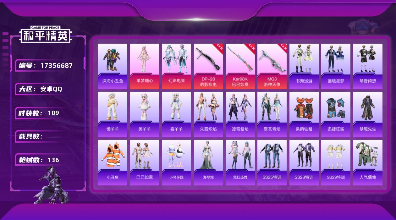和平精英账号安卓QQ[17356687]安卓 手Q-2粉装-5特效枪-0载具-2粉色飞行器-36624热力值-8王牌印记-109套装-136枪皮
【热门品类】：套装-深海小丑鱼，套装-小丑鱼
【粉色套装】：粉装-幻彩电音