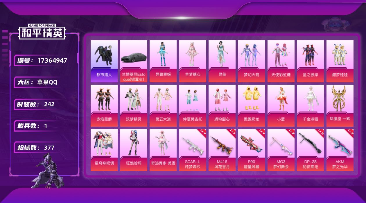 和平精英账号苹果QQ[17364947]苹果 手Q-19粉装-17特效枪-1载具-13粉色飞行器-123633热力值-21王牌印记-242套装-377枪皮
【热门品类】：粉装-梦幻火箭，套装-都市猎人，套装-小丑鱼，角色