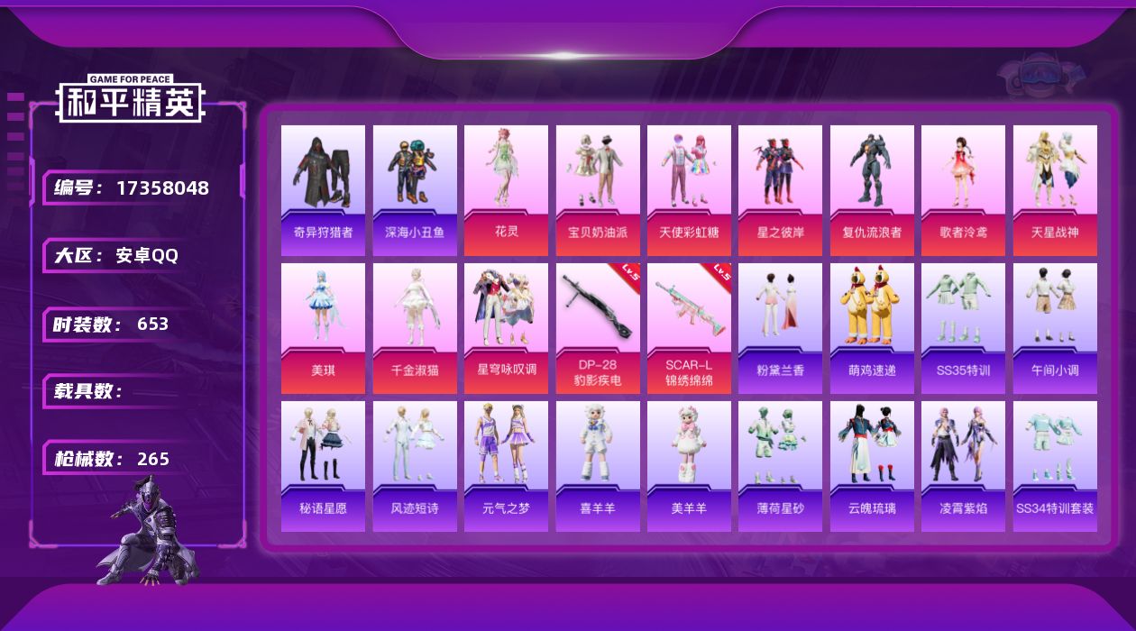 和平精英账号安卓QQ10粉装 2特效枪 16印记 可二次 
【热门装扮】千金淑猫,奇异狩猎者,花灵,星穹咏叹调,天使彩虹
