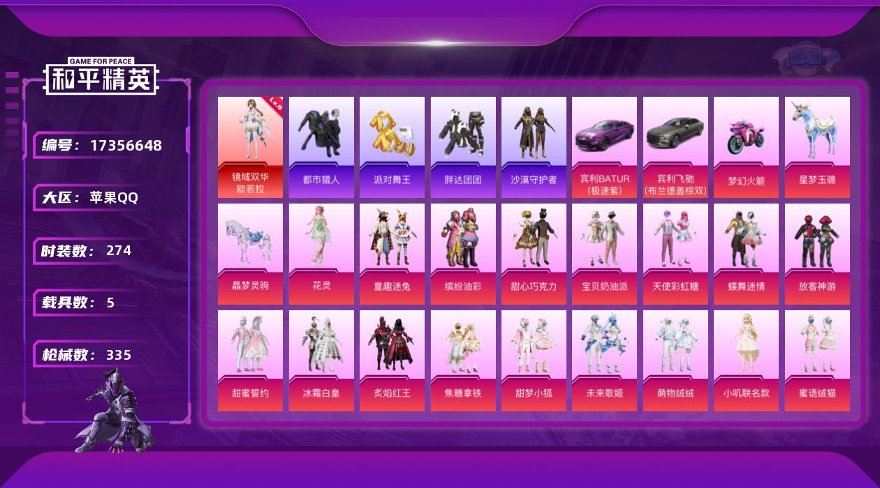 和平精英账号苹果QQ[17356648]苹果 手Q-1神装-28粉装-15特效枪-5载具-16粉色飞行器-127195热力值-13王牌印记-274套装-335枪皮
【红色神装等级】：镜域双华-欧若拉(四级)
【红色角色神